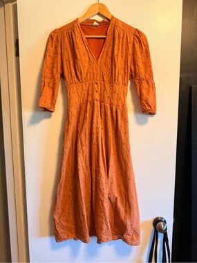 Vintage Rust Orange Midi Dress with Eyelet Detail